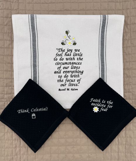 Picture of Embroidered Russel M Nelson Quote Kitchen Towel and Dish Cloth Set
